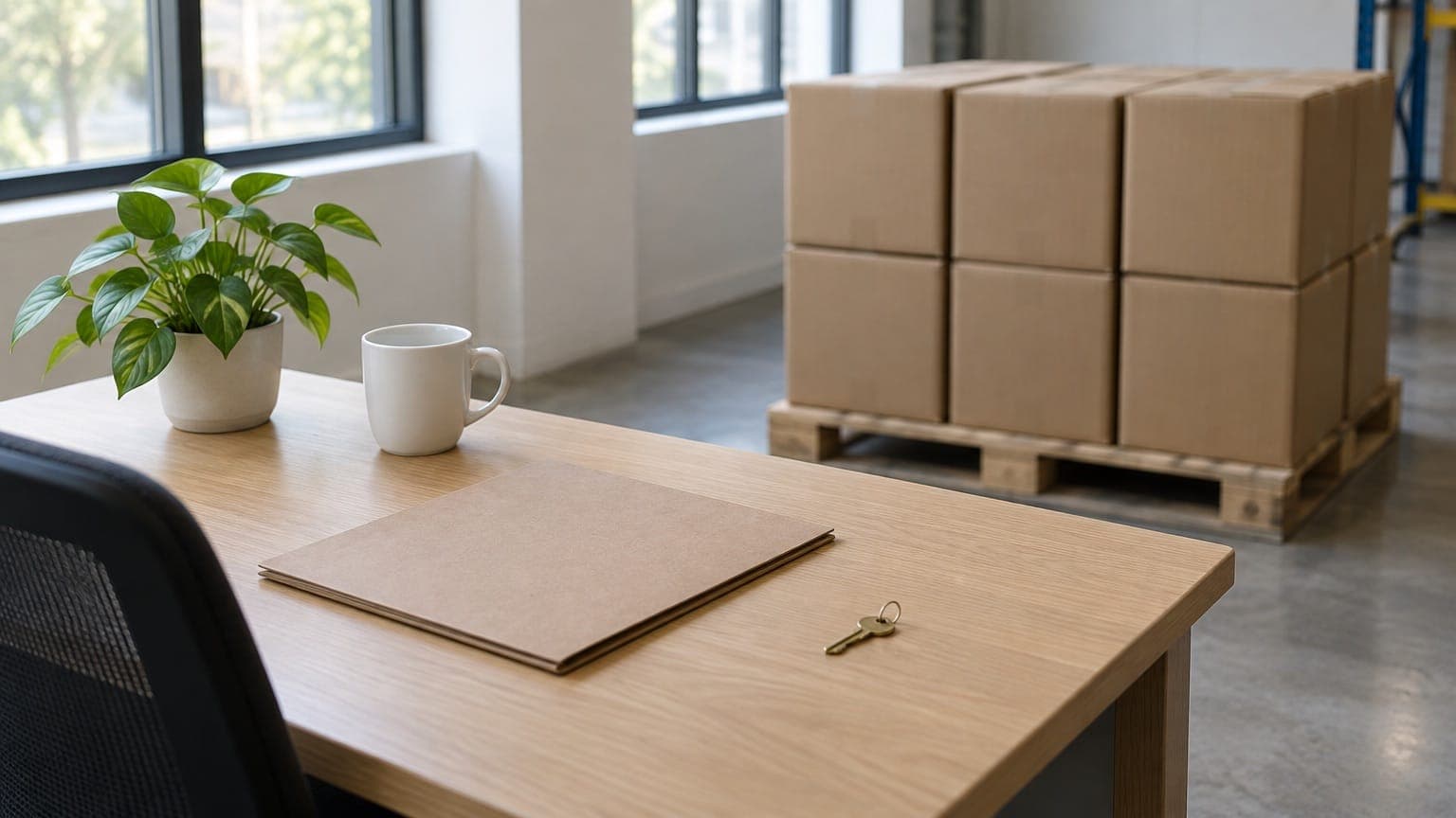 A light oak desk with a closed kraft paper folder, a brass key, a white mug and a potted plant, with plain cardboard cartons stacked on a wooden pallet in a bright warehouse behind it
