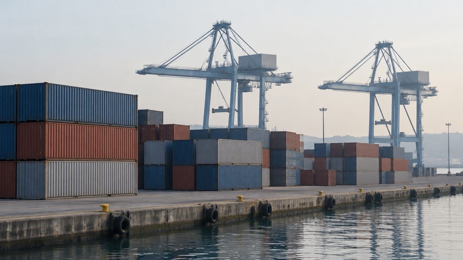 Blue, rust red and grey shipping containers stacked on a hazy port quay in the morning, with two pale blue container cranes behind them