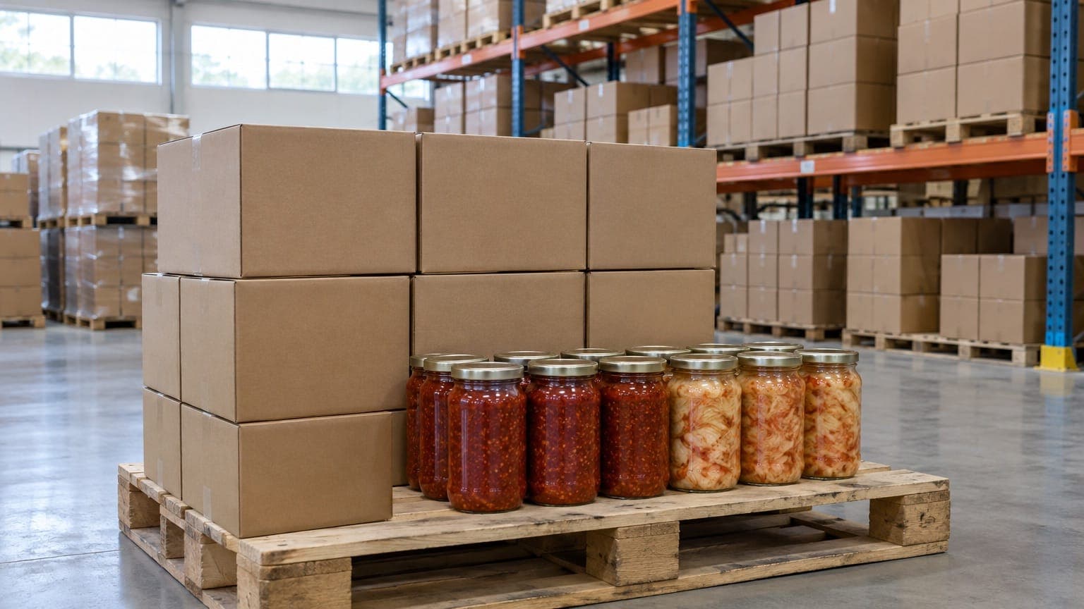 Brown cardboard cartons and glass jars of red chili sauce and pickled cabbage on a wooden pallet in a warehouse, with steel racks of boxes behind them