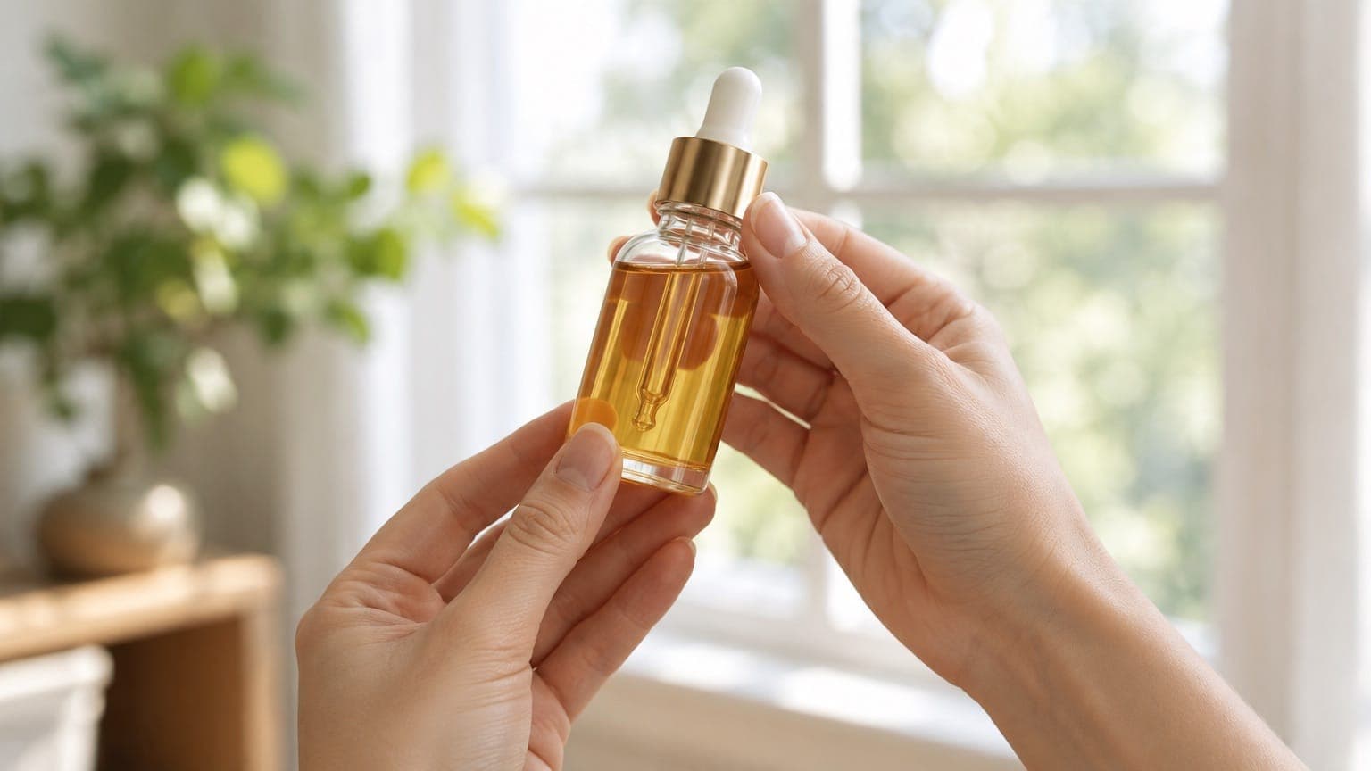Two hands hold a small clear glass dropper bottle of amber serum with a gold collar in front of a bright window, with a blurred green plant and a wooden shelf behind