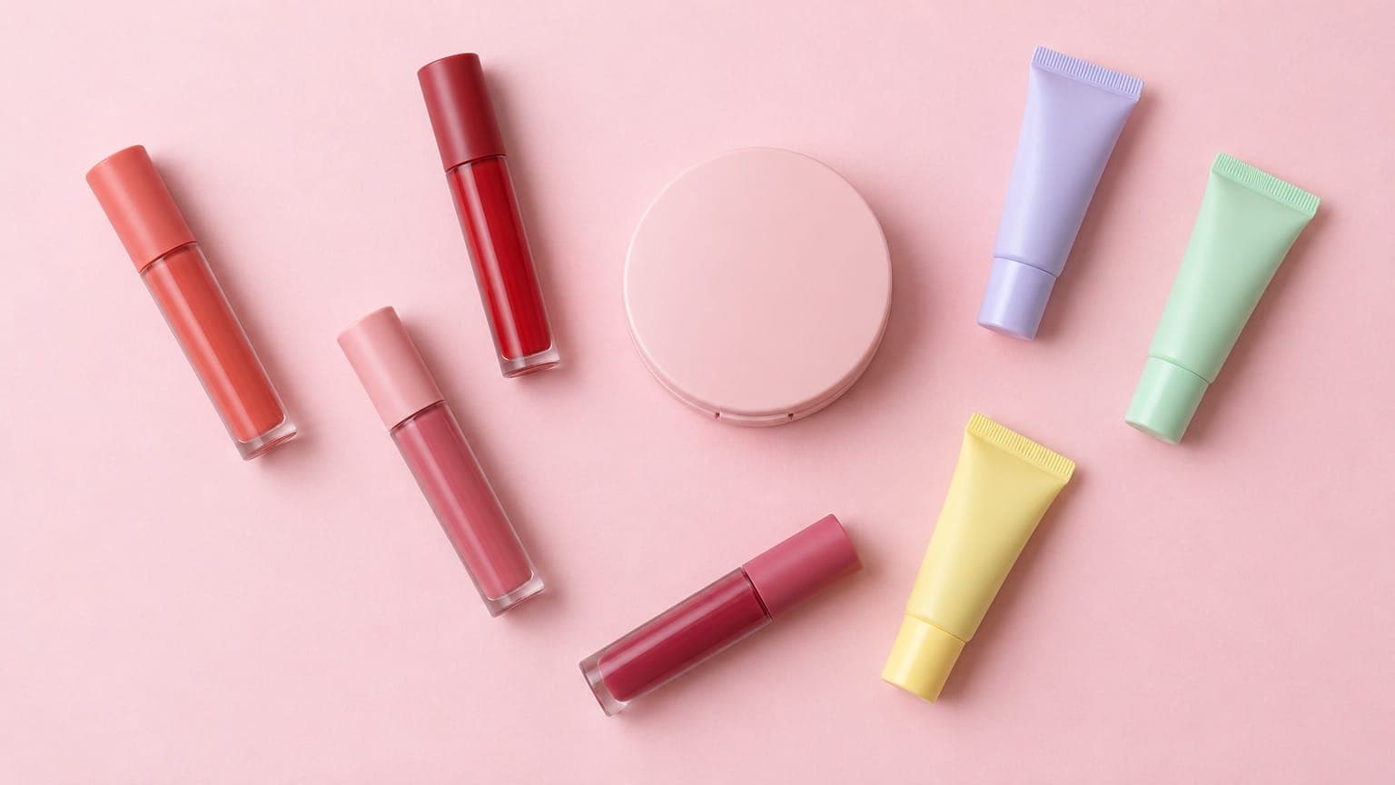 A top-down view of coral, red and rose lip tint tubes, a pink cushion compact and small lilac, mint and yellow squeeze tubes on pastel pink paper