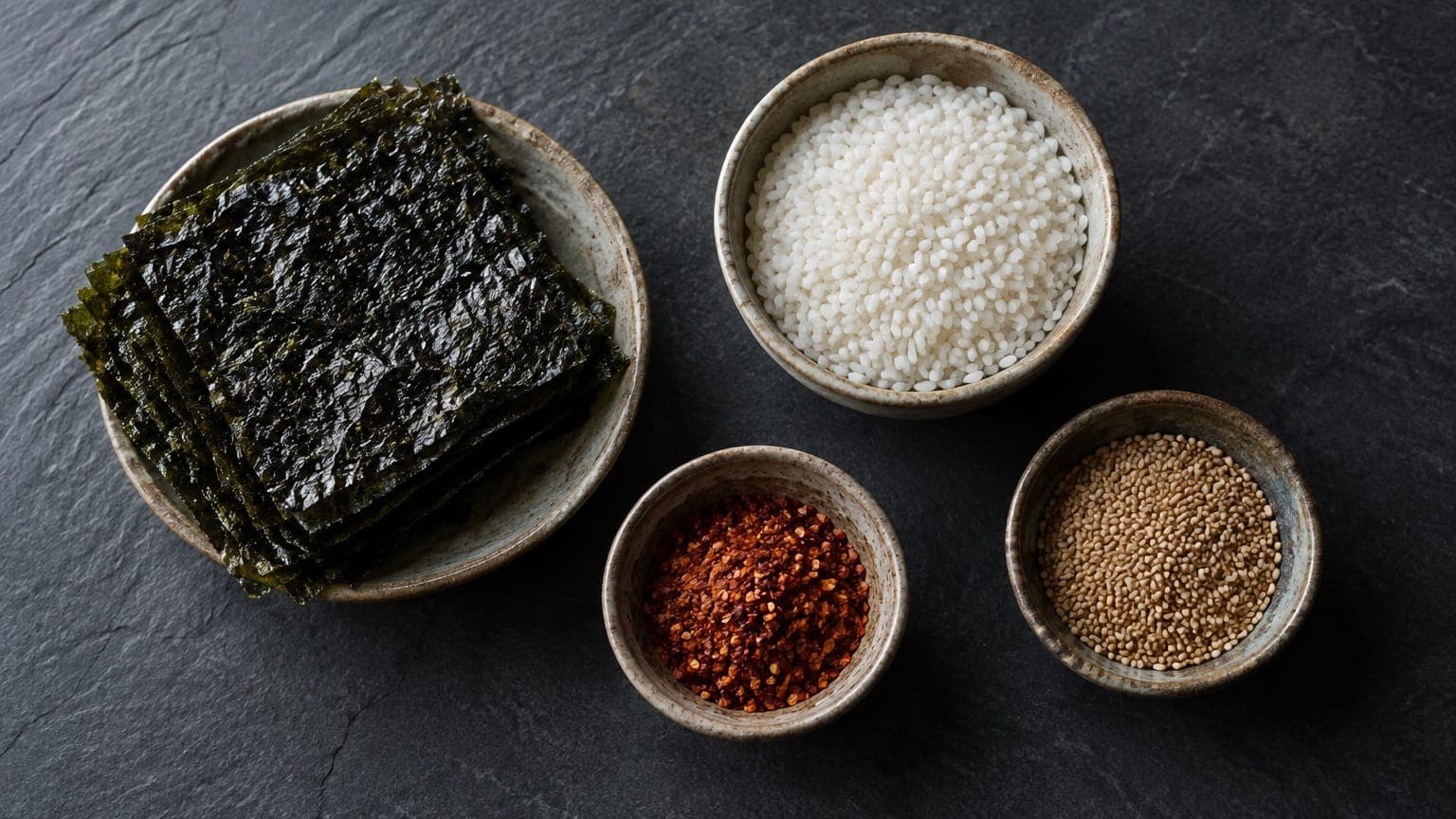 Top-down view of handmade ceramic dishes on dark slate: a plate of stacked dried seaweed sheets and three small bowls of white rice, red pepper flakes and sesame seeds