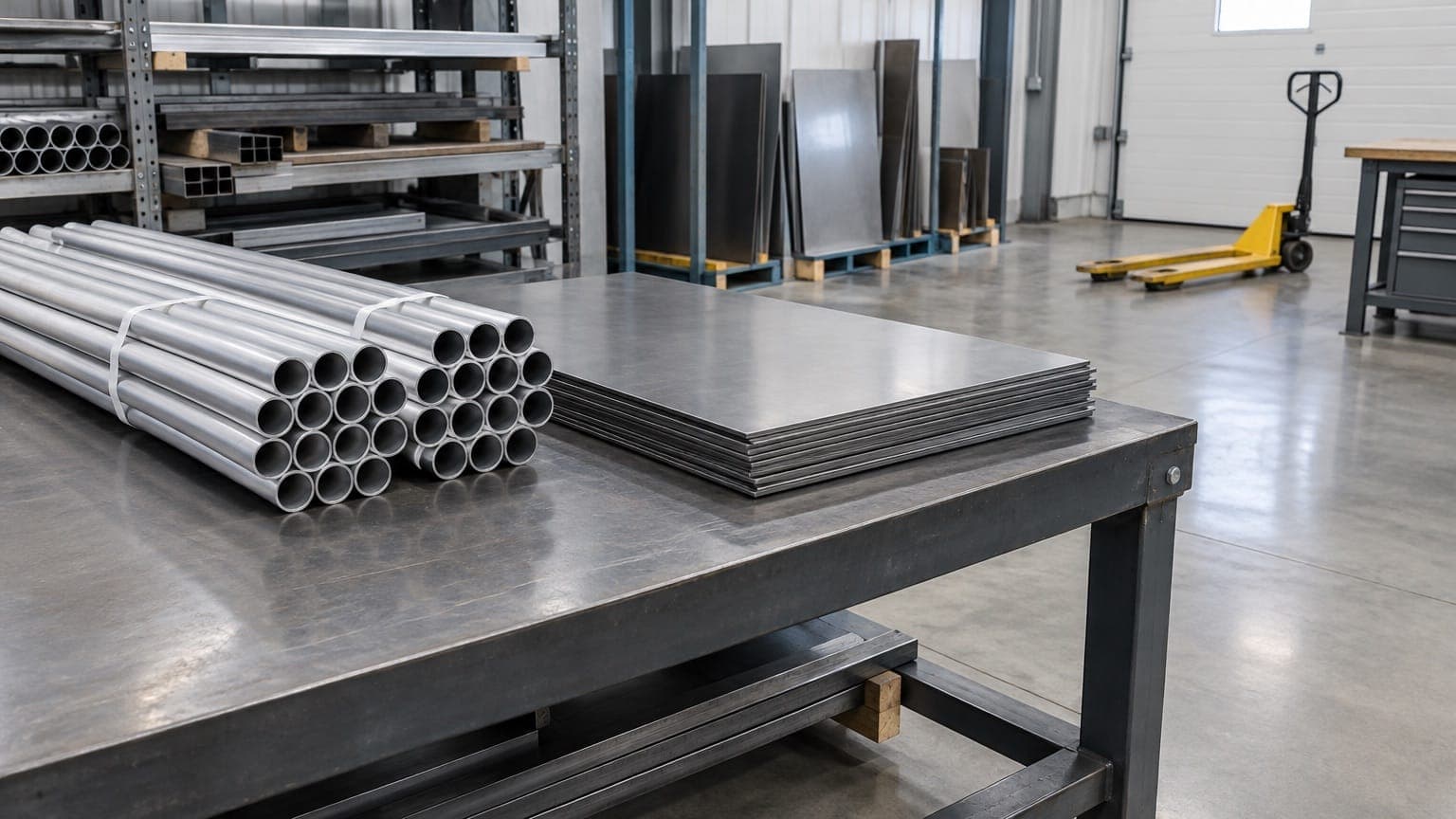 Bundled aluminum tubes and stacked steel sheets on a steel workbench in a bright metal workshop, with a yellow pallet jack in the background