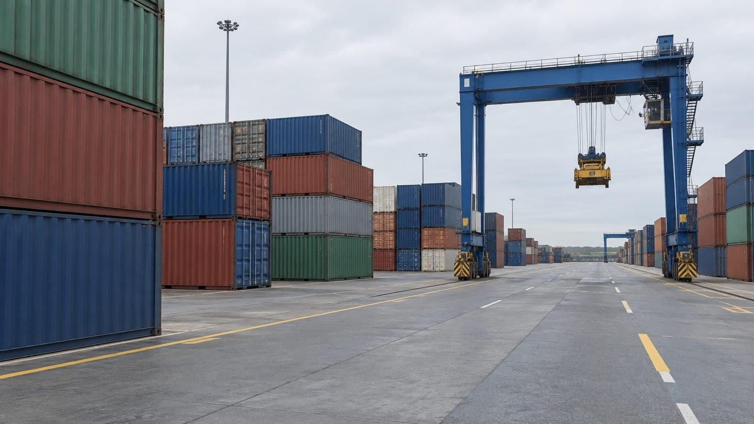 Stacked shipping containers in muted colors along a wide container yard lane under a gantry crane on an overcast day