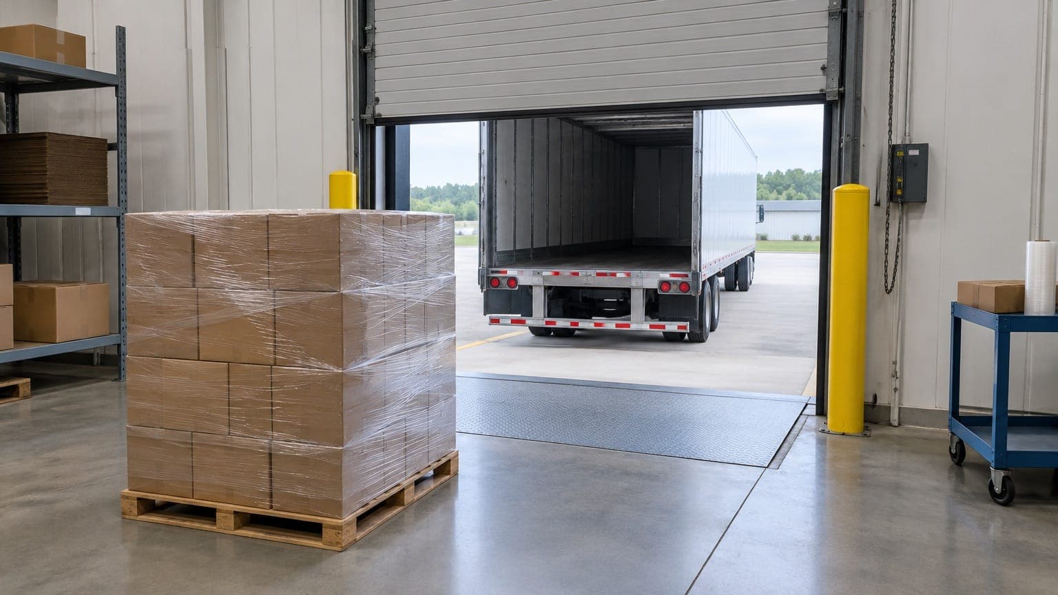 A shrink-wrapped pallet of brown cartons inside a clean warehouse loading dock, with the roll-up door open to a parked truck trailer