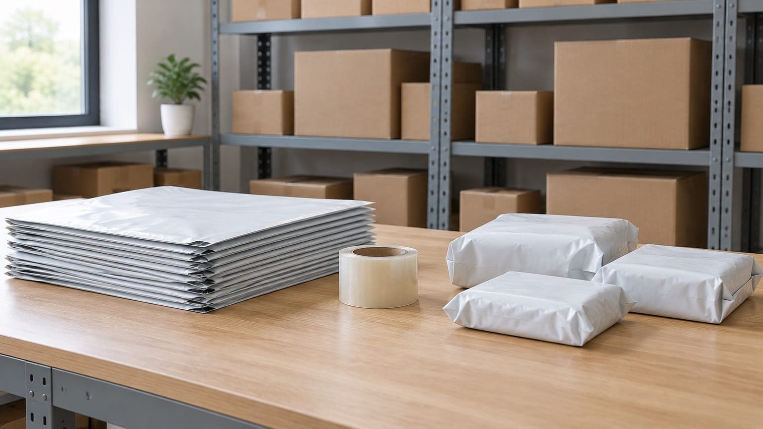 A warehouse packing table with a stack of flat white mailer bags, a roll of packing tape and small sealed parcels, grey shelving with cartons behind