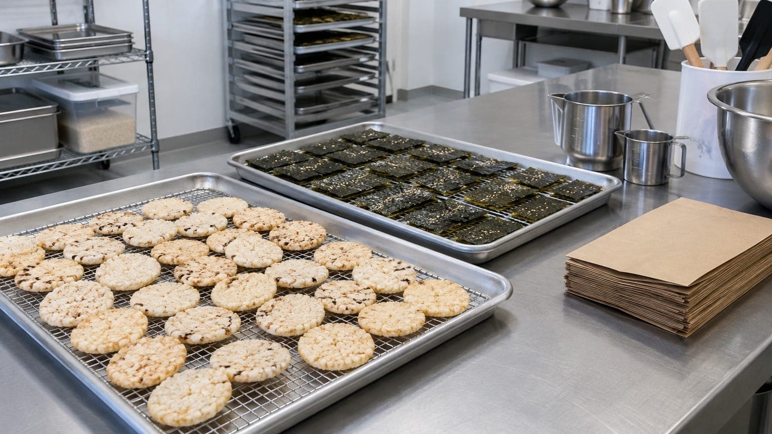 Trays of rice crackers and seaweed snacks cooling on a stainless steel counter in a small food kitchen, with measuring cups and plain kraft paper bags