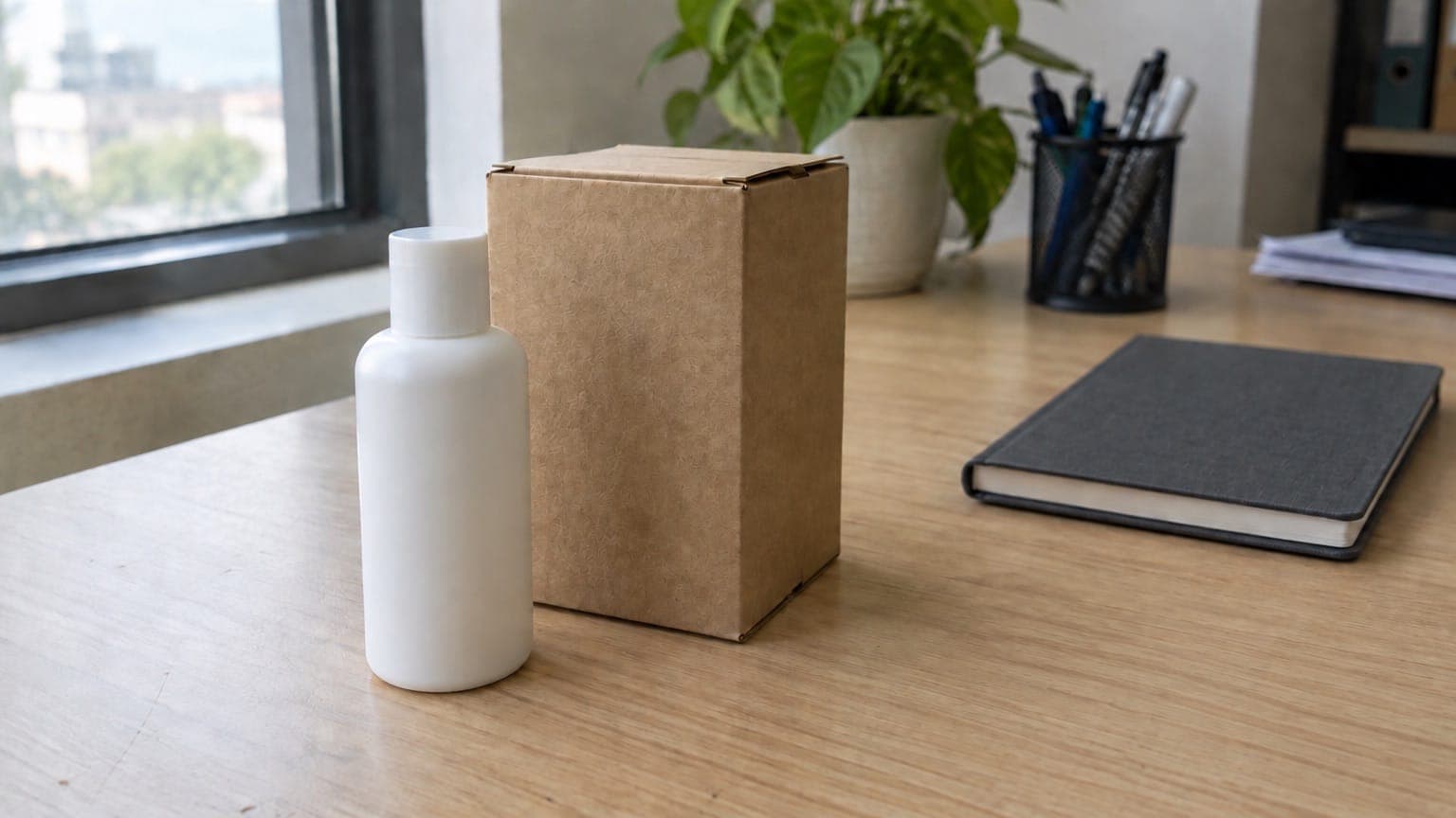 A white cosmetics bottle and a kraft shipping box on a light wooden office desk, with a potted plant, a pen holder and a grey notebook behind them