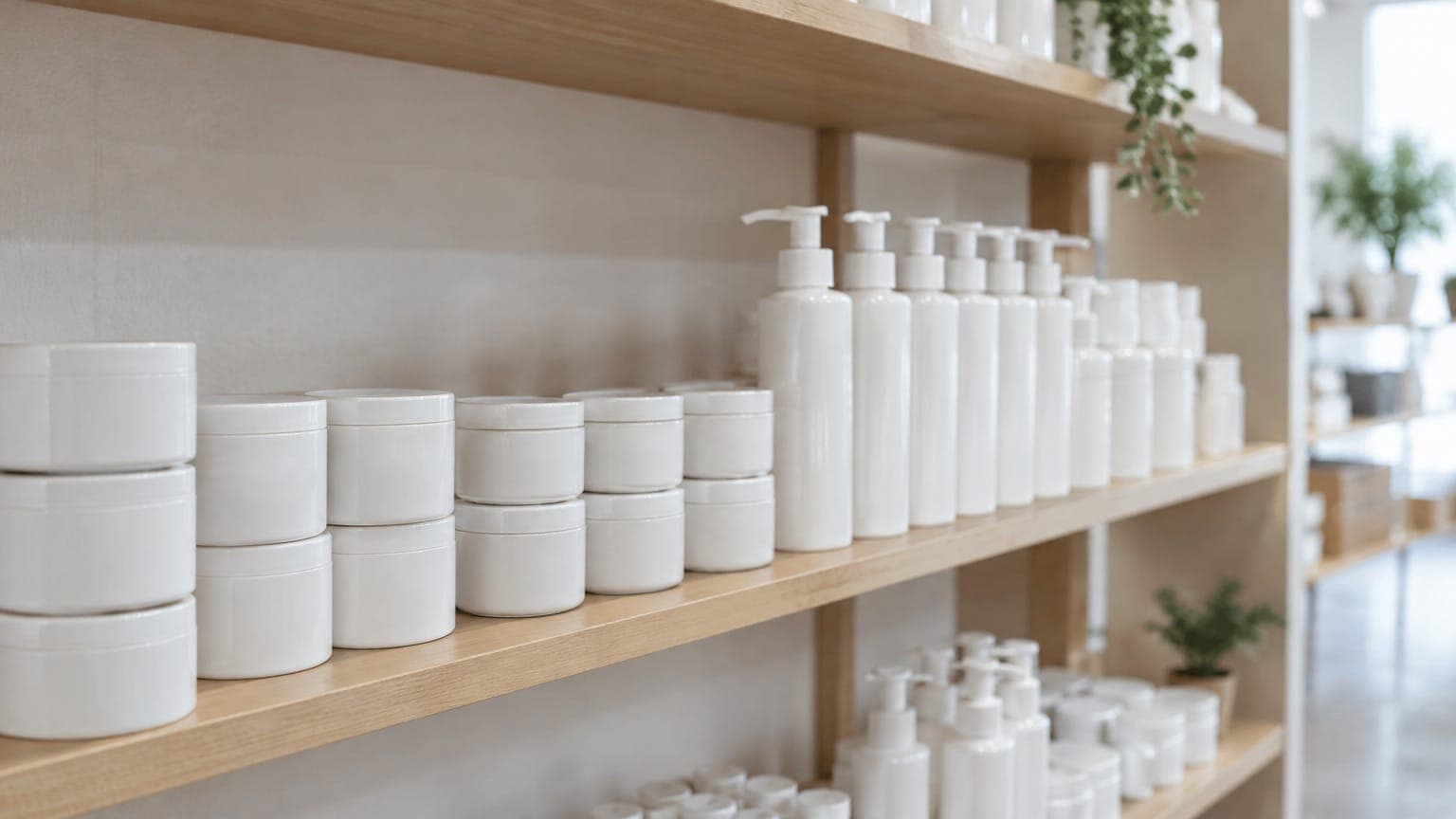 Rows of plain white cosmetic jars and pump bottles on light wooden shelves in a bright shop, with a trailing green plant on the top shelf