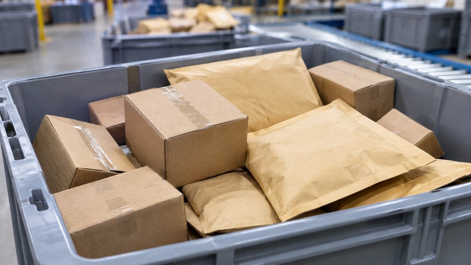 Small brown parcels and kraft padded mailers in a grey plastic bin at a parcel sorting facility