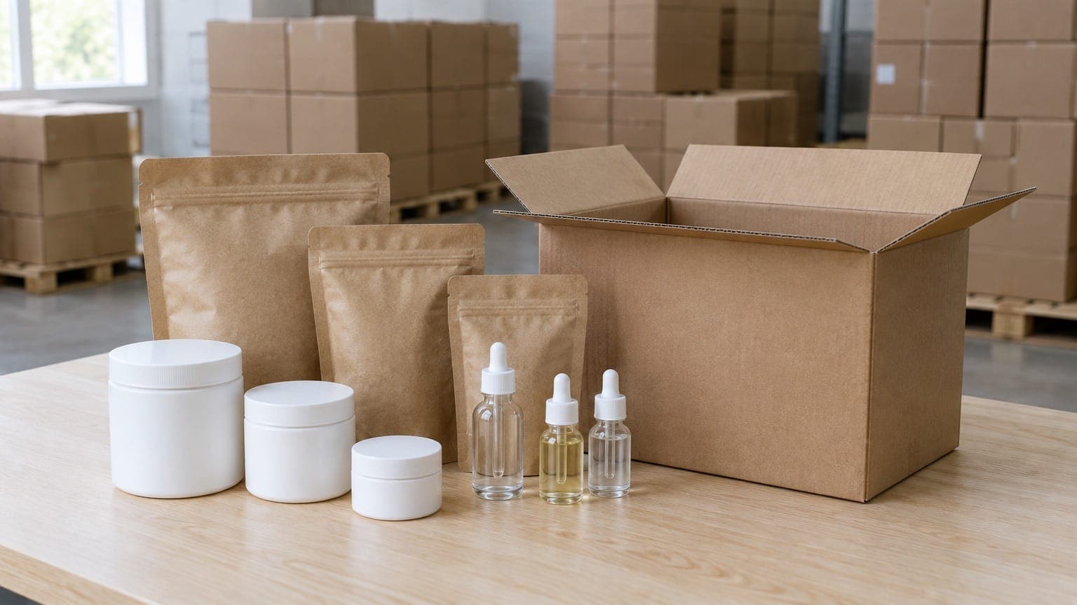 Unlabeled white cosmetic jars, glass dropper bottles, kraft zip pouches and an open cardboard box on a wooden work table in a bright warehouse, with boxes stacked on pallets behind