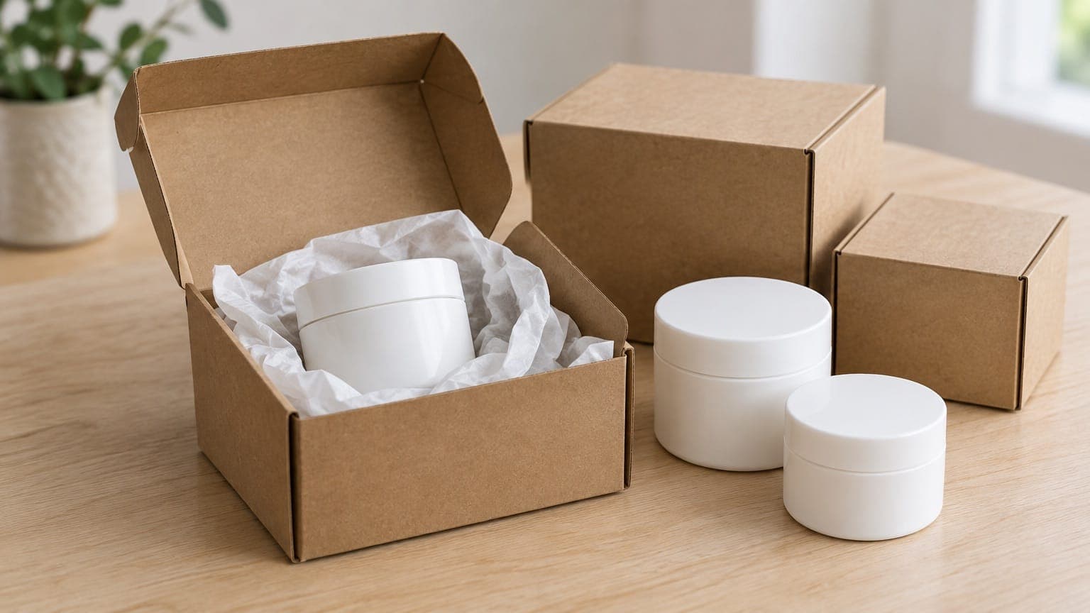An open kraft box holding a plain white cosmetic jar on white tissue paper, with two more white jars, two closed kraft boxes and a potted plant on a light wooden table