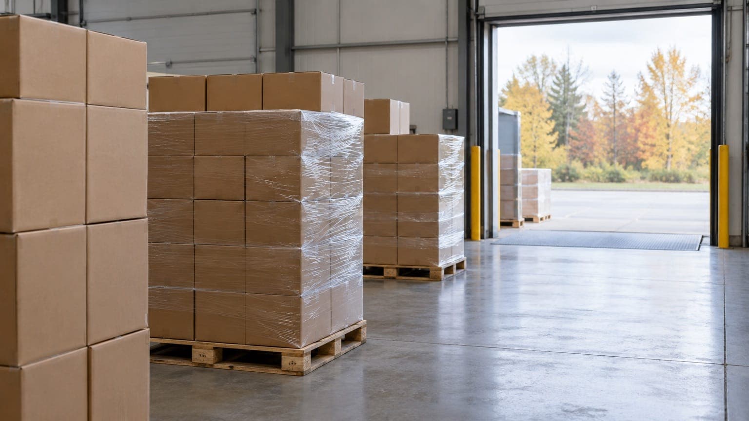 Brown cardboard cartons stacked on wooden pallets, some wrapped in clear stretch film, inside a warehouse with an open loading dock door and yellow autumn trees outside