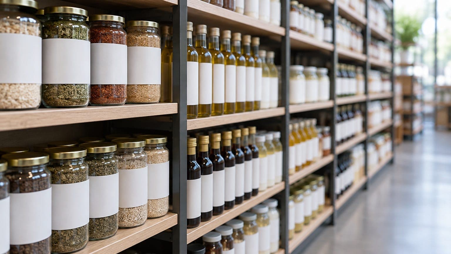 A store aisle seen at an angle, with shelves of plain jars and bottles carrying blank labels
