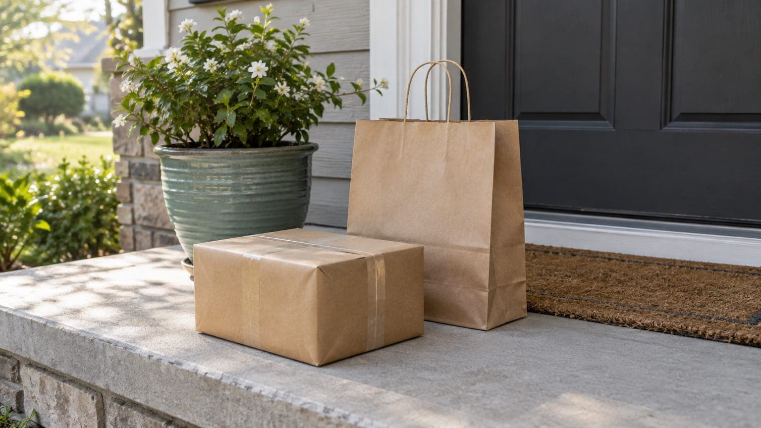 A sealed brown parcel and a paper shopping bag on the front step of a suburban house beside a potted plant